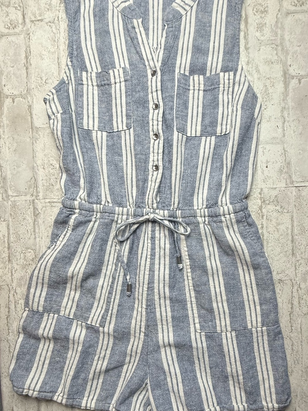 Kelly Renee Romper Womens M Linen Rayon Striped Drawstring Chambray Blue 😍